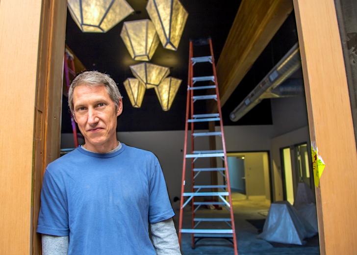 Brian Schmitt used Tyvek stretched over wood frames for his light installations in the WAL community room Brian Schmitt used Tyvek stretched over wood frames for his light installations in the WAL community room