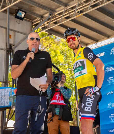 Stage 1 winner Peter Sagan, who has won three consecutive World Championships and is considered one of the sport’s brightest stars, stands at the podium with interviewer David Towle before the Stage 2 start in Rancho Cordova on May. 13.