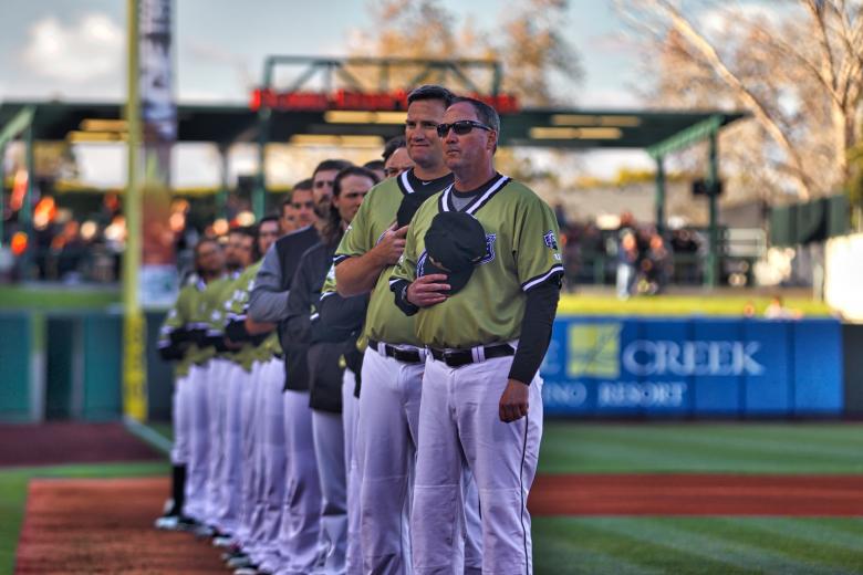 River Cats manager Dave Brundage (front) returns for his second year leading Sacramento.