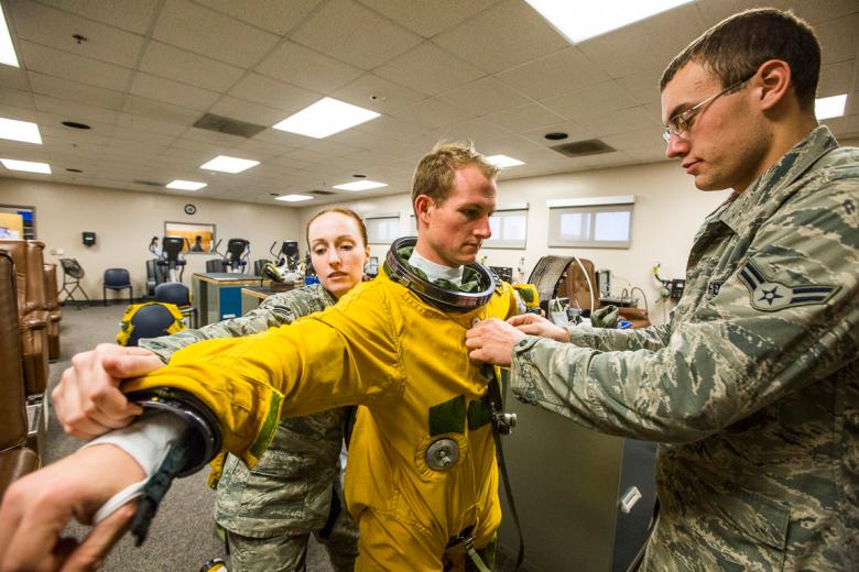 U-2s are the highest-flying vessels after space rockets, and therefore pilots must wear airtight flight suits that weigh upward of 35 pounds.  U-2s are the highest-flying vessels after space rockets, and therefore pilots must wear airtight flight suits that weigh upward of 35 pounds.
