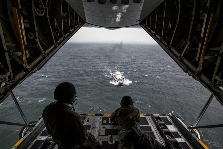 In this operation, the crew drops messages and survival supplies to distressed watercraft.  In this operation, the crew drops messages and survival supplies to distressed watercraft.