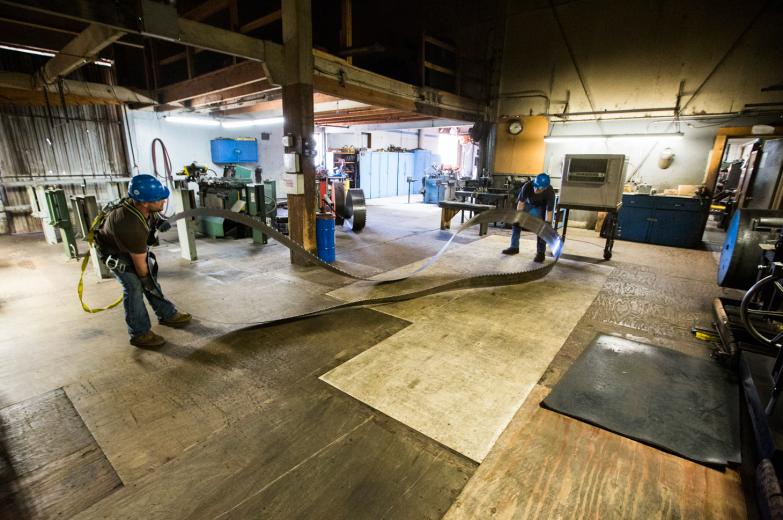 It can take at least two men to wrangle a blade into the room where it will be sharpened, but they use a lift machine to move the “fairly heavy” saw. Having employees on site to fabricate sawmill equipment (some of whom have been with the company for more than 25 years) keeps the business moving. It can take at least two men to wrangle a blade into the room where it will be sharpened, but they use a lift machine to move the “fairly heavy” saw. Having employees on site to fabricate sawmill equipment (some of whom have been with the company for more than 25 years) keeps the business moving.