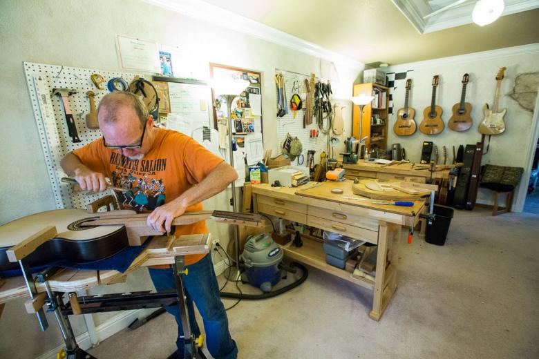 Waylin Carpenter has been building custom, classical guitars in his home workshop in Sacramento since 2000. Carpenter makes 5-, 6- and 7-string guitars, and each can take 150 to 200 hours to complete. 