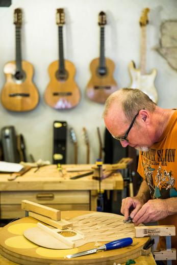 Shortly after his daughter was born in 2000, Carpenter decided he needed a hobby. While most of Carpenter’s free time is now dedicated to building guitars for clients, he still picks up his old electric guitar to play from time to time.
Shortly after his daughter was born in 2000, Carpenter decided he needed a hobby. While most of Carpenter’s free time is now dedicated to building guitars for clients, he still picks up his old electric guitar to play from time to time.