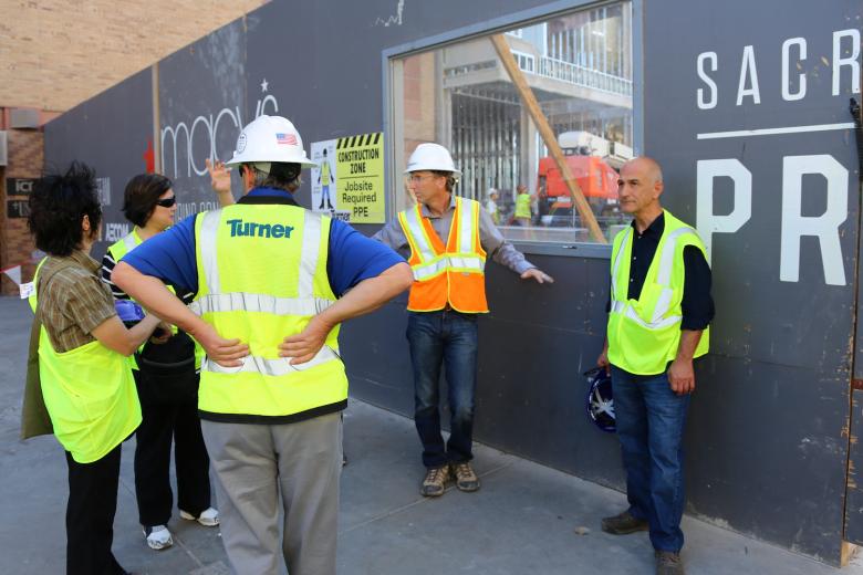 The final tour group stops at 7th and K Streets to discuss one of the entrance plazas for Golden 1 Center.
The final tour group stops at 7th and K Streets to discuss one of the entrance plazas for Golden 1 Center.