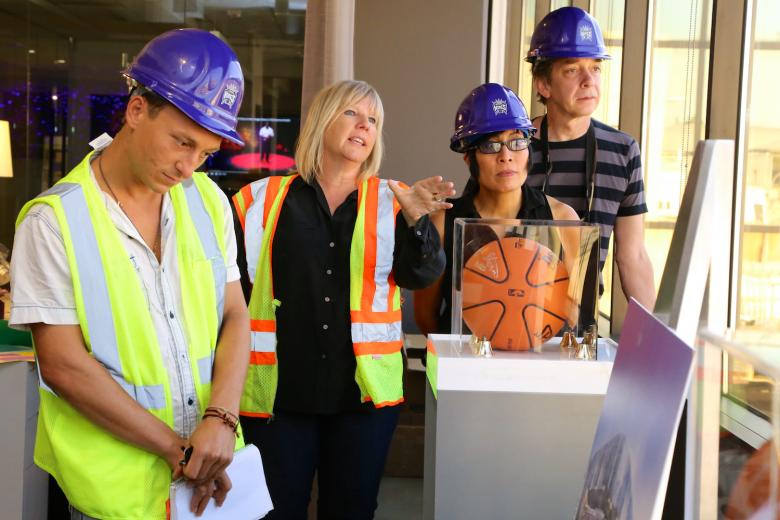 Shelly Willis (center), executive director of the Sacramento Metropolitan Arts Commission, briefs artists Jess Riegel (left), JD Beltran and Scott Minneman, three finalists chosen to submit proposals for public art at Sacramento’s new Golden 1 Center. Shelly Willis (center), executive director of the Sacramento Metropolitan Arts Commission, briefs artists Jess Riegel (left), JD Beltran and Scott Minneman, three finalists chosen to submit proposals for public art at Sacramento’s new Golden 1 Center.
