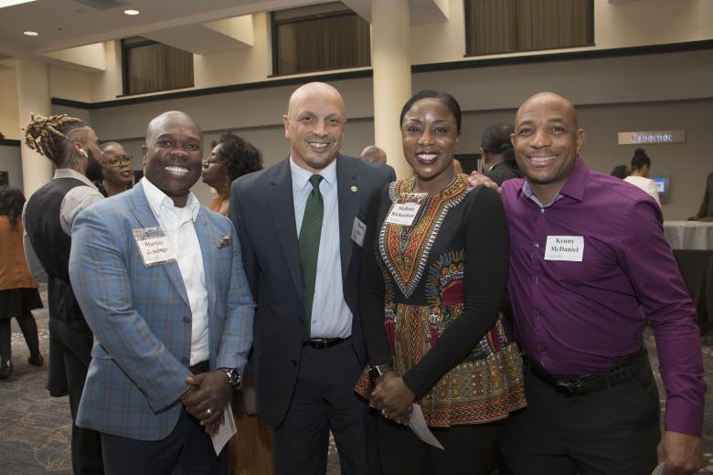 Markus Jennings, associate athletics director for external affairs, Sacramento State; Mark Orr, director of athletics, Sacramento State; Mellonie Richardson, human resources officer, Los Rios Community College District, and chair, Sacramento Black Chamber of Commerce Foundation Board; and Kenny McDaniel, director of track and field and cross country, Sacramento State