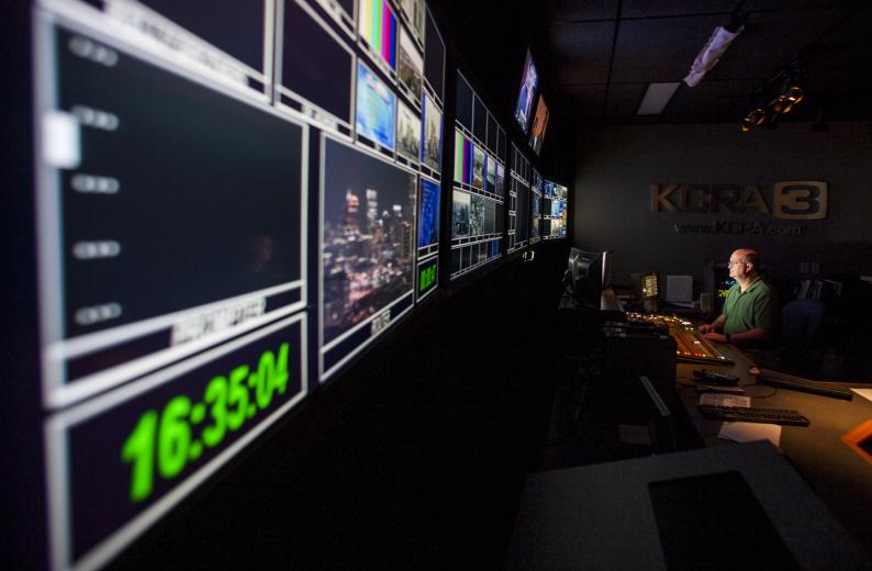 It's nearly go time, and the five monitors in the control room at Sacramento's KCRA-TV are about to be filled with more than 80 different video and audio sources from satellite feeds, traffic cameras, helicopters, live trucks and a half-dozen reporters. 