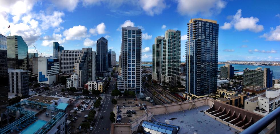 Panoramic view from a high rise condo balcony in the Little Italy area of San Diego.
