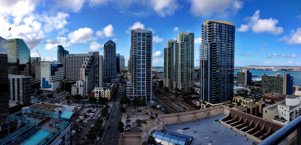Panoramic view from a high rise condo balcony in the Little Italy area of San Diego. Panoramic view from a high rise condo balcony in the Little Italy area of San Diego.