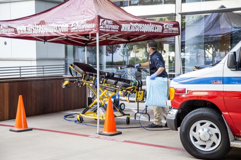 Used gurneys are disinfected on-site at Sutter Medical Center before each ambulance returns to Sutter Memorial Hospital to transport another patient. Sutter used a rotating fleet of 14 ambulances to complete its one-day move. Used gurneys are disinfected on-site at Sutter Medical Center before each ambulance returns to Sutter Memorial Hospital to transport another patient. Sutter used a rotating fleet of 14 ambulances to complete its one-day move.
