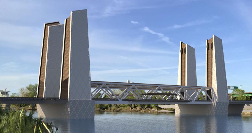 A rendering of the "Thru" Version 1 concept design for the replacement I Street Bridge as it appeared during a community event Thursday evening in Old Sacramento. (Photo courtesy T.Y. Lin International Group/I Street Bridge Replacement Project)
