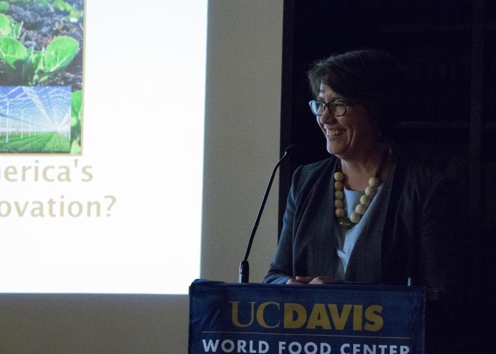 Josette Lewis, associate director of the UC Davis World Food Center, presents during a special event in May.(Photo courtesy Brad Hooker/UC Davis)

