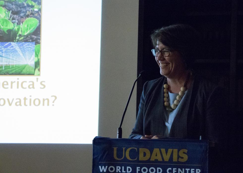 Josette Lewis, associate director of the UC Davis World Food Center, presents during a special event in May.(Photo courtesy Brad Hooker/UC Davis)
