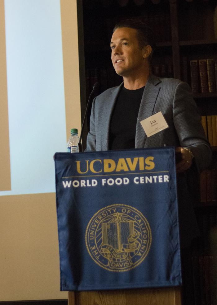 Jon Sebastiani, founder of food incubator Sonoma Brands, gives his keynote speech during a panel hosted by the UC Davis World Food Center. (Photo courtesy Brad Hooker/UC Davis)
