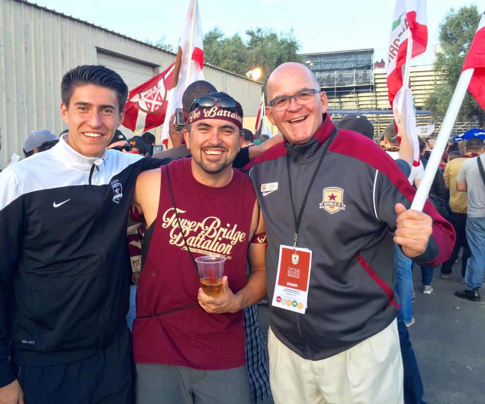 Armando Conover, his dad Jon Conover and Republic FC President Warren Smith attend a recent game. (Photo courtesy of Jon Conover)