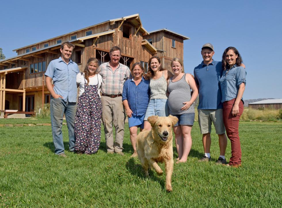 From left: Rye Muller, Becca Muller, Paul
Muller, Dru Rivers, Hannah Muller, Hallie
Ochoa, Amon Muller, Jenna Muller and dog Zeus, of Full Belly Farms 