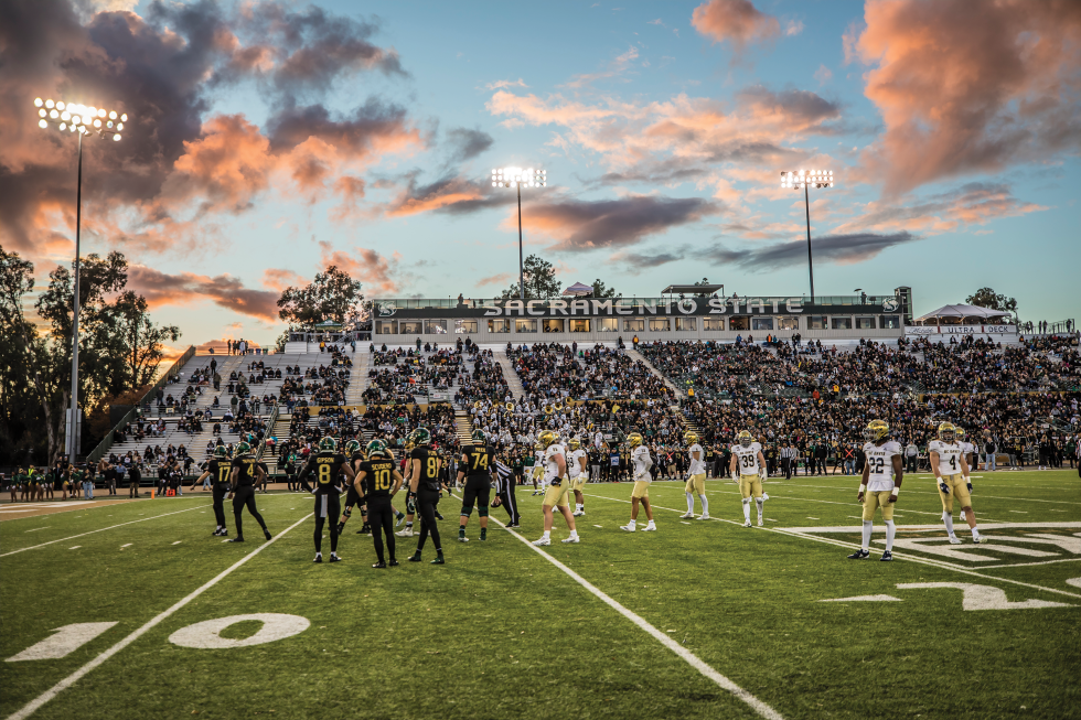 Sac State football, shown here playing at Hornet Stadium, has proposed a new sports venue to be built at Cal Expo at the former harness horse racing site. (Photo by Steve Martarano)
