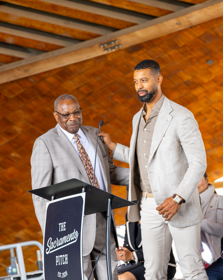 Two local Sacramento-area baseball legends, Dusty Baker and Derrek Lee, at the May 28 news conference offering their support of the Capital Region’s pursuit of a MLB expansion team. (Photo by Steve Martarano)