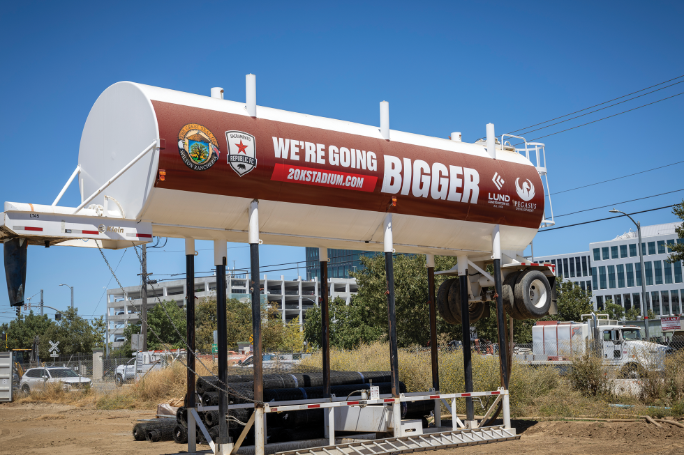 A sign promises the coming Sacramento Republic FC stadium at the Railyards. (Photo by Steve Martarano)