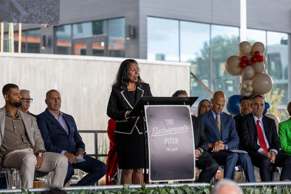 West Sacramento Mayor Martha Guerrero, who is also the honorary co-chair of The Sacramento Pitch campaign, at the May 28 news conference. (Photo by Steve Martarano)