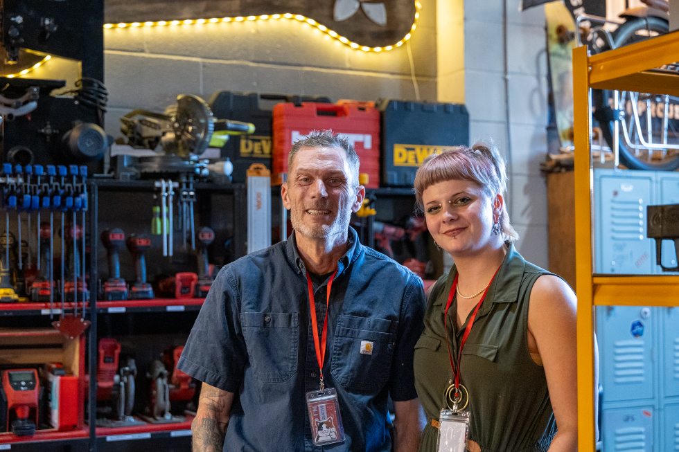 Community Shop Class founder Chad Orcutt with assistant manager Allison “AJ” Rossell at the five-year celebration party on Aug. 30.