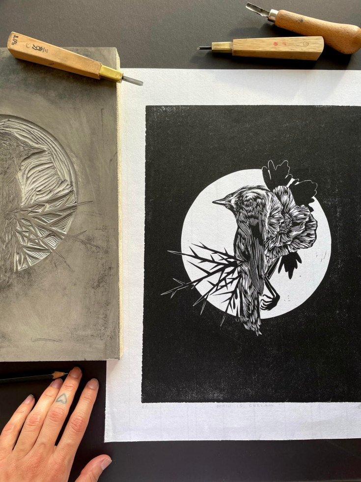 Muñoz's work explores concepts of life and death, like in this print titled “Death is Certain.” (Photo courtesy of Jazel Muñoz)