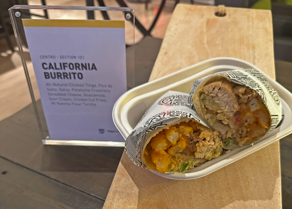 The "California Burrito" is new to the Golden 1 Center this year. It features tinga chicken, crinkle cut fries, guacamole and sour cream topped with pico de gallo.