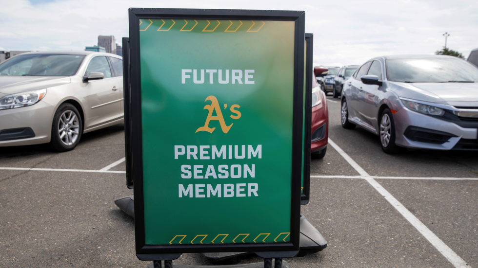 As premium season ticket options were being made available for the A’s arrival in 2025, this sign was in the parking lot of Sutter Health Park on Sept. 18.