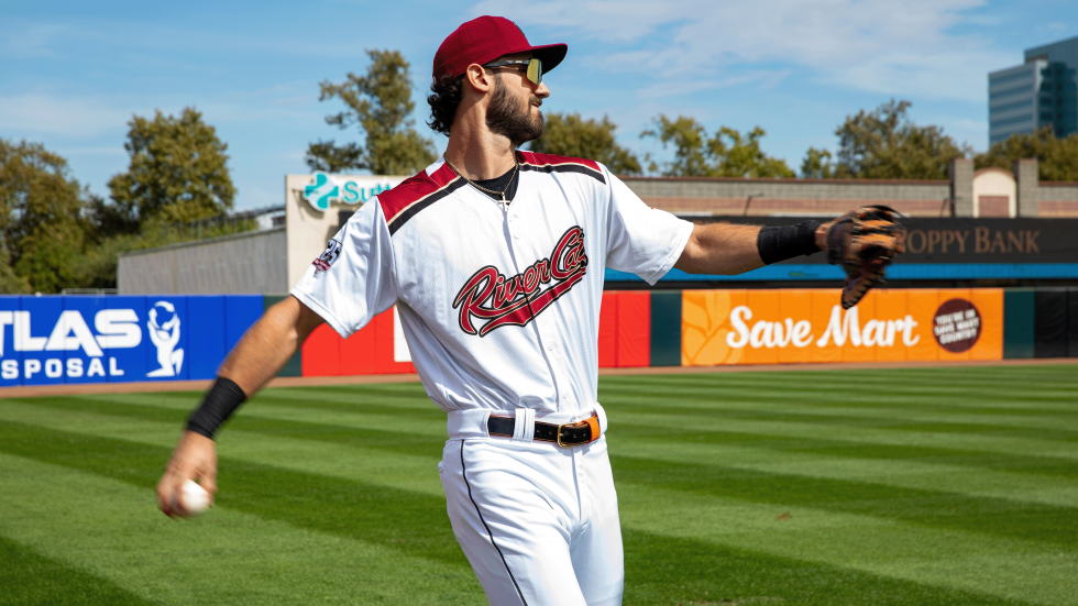Bryce Eldridge, the Giants’ top rookie prospect who was promoted to the Triple-A team for the last week of the season, warms up before the Sept. 18 game at Sutter Health Park.