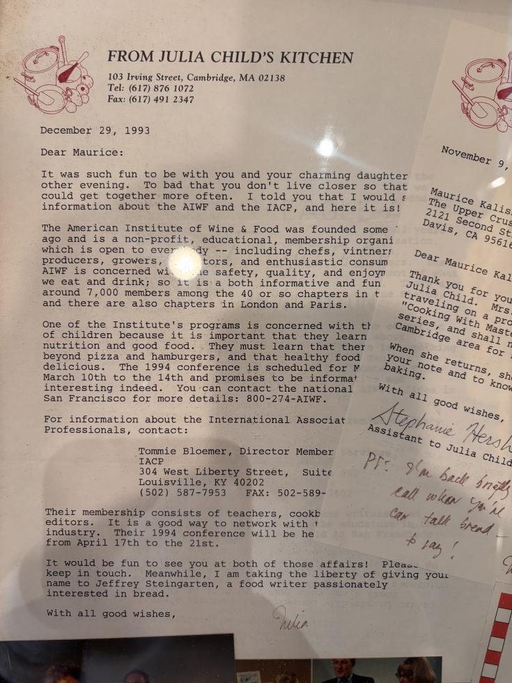 A letter to Maurice Kalisky from Julia Child in 1993, behind a frame. (Photo courtesy of Lorin Kalisky)