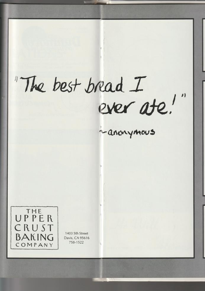 An ad for Upper Crust Baking spans two pages in the back of Sacramento Country Day School’s 1988 yearbook.