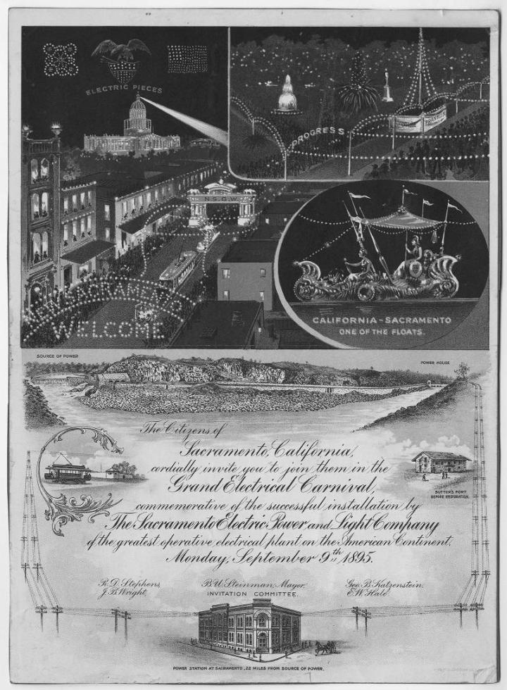 An invitation to the 1895 Grand Electric Carnival features an inset illustration of Folsom Power House. (Public domain from the Special Collections of the Sacramento Public Library)