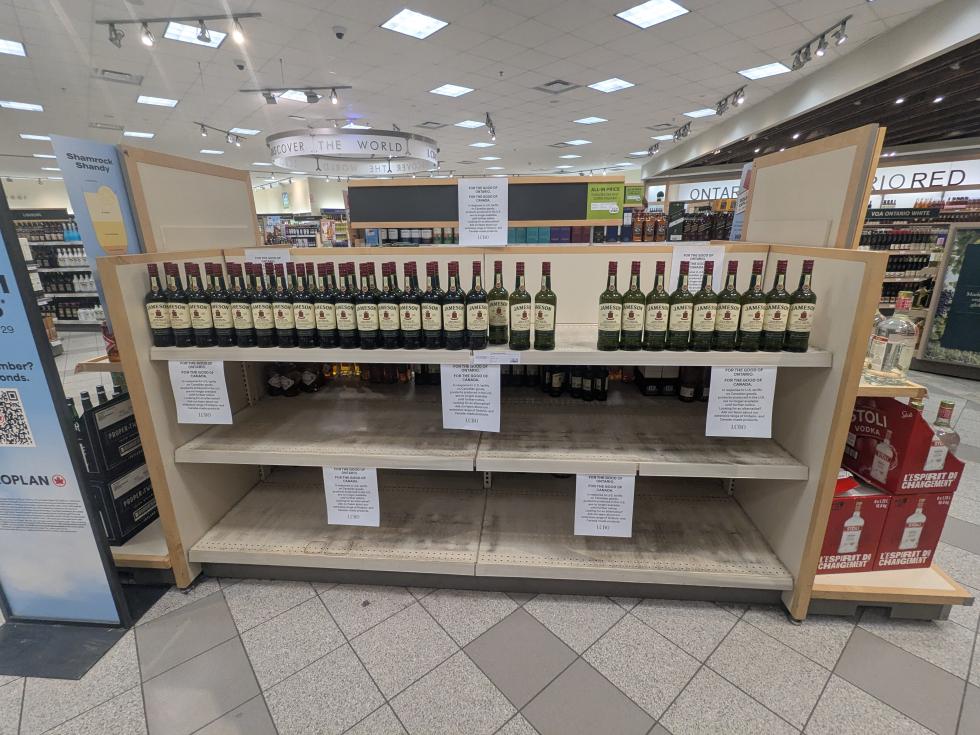 Shelves that usually hold American liquor stand empty at a Liquor Control Board of Ontario store, the government-operated retailer that has a quasi-monopoly on alcohol sales in the province. (Photo by Hannah Clover, licensed under CC BY-SA 4.0)