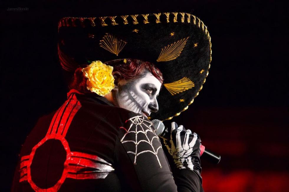 Cha Cha Burnadette performs her gender-bending Dia De Los Muertos, act where she dresses in the traditional men’s charro suit typically worn by male mariachi performers, tapping into her Hispanic heritage.
