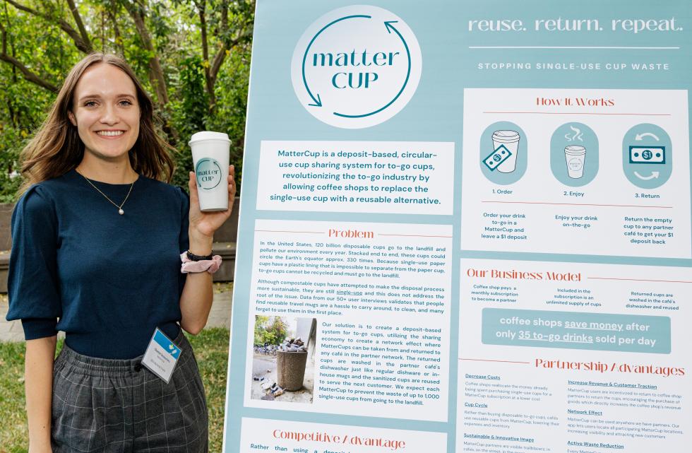 Chantal Deslauriers is co-founder of MatterCup. The MatterCup startup was created to combat the ever-growing mountain of waste from single-use cups and won the $10,000 Energy + Sustainability Award, sponsored by SMUD. Chantal is a UC Davis communication and art history double major.