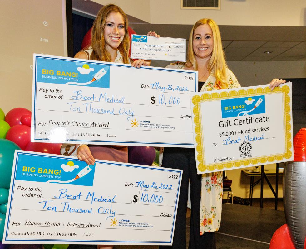 Pictured are UC Davis biological science major Kalie Marland (on the left) and her mother Laura Marland (on the right). Kalie Marland, UC Davis biological science major and co-founder of Beat Medical, went home with three Big Bang! Prizes totaling $25,000 in funds and services, as well as a $1,000 award in the Little Bang! Competition. Beat Medical has developed an innovative breathing tube holder.