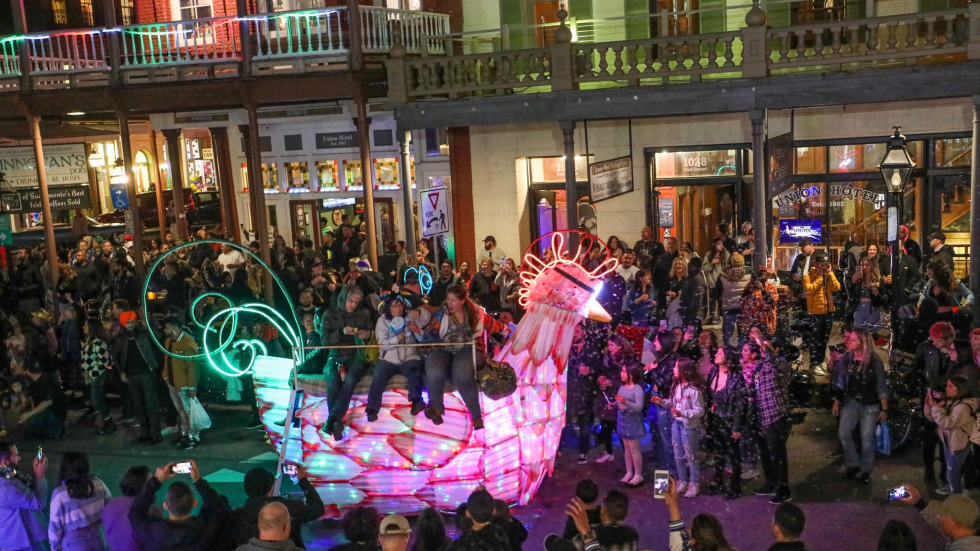A float passes through Old Sacramento at the 2025 City of Trees Mardi Gras parade. (Courtesy photo)