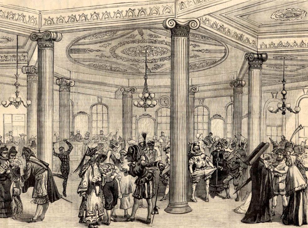 Mardi Gras 1878 at the St. Charles Hotel in New Orleans as depicted in Frank Leslie's Illustrated Newspaper. (Public domain via Wikimedia Commons)