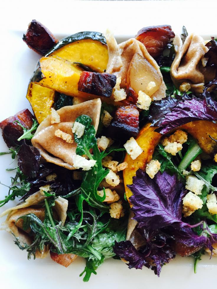 Close-up of autumn squash panzanella by Chef Bret Bohlmann of Boulevard Bistro. 