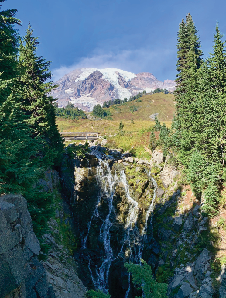 Water spills down Myrtle Falls on Mount Rainier’s Skyline Trail. (Photo by Scott Thomas Anderson)