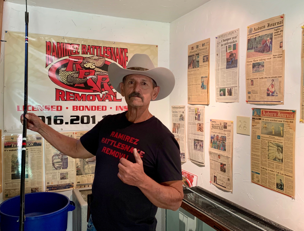 After four decades in the rattlesnake removal business, Ramirez's workshop is papered with newspaper and magazine articles about him. (Photo by Scott Thomas Anderson)