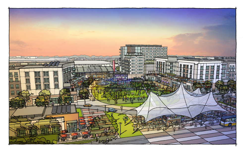 The Sunrise Tomorrow Plan envisions Sunrise Mall as a new “Sunrise Commons,” with high-density housing, public transportation links, a food hall and other features now prized by urban developers. (Rendering courtesy of City of Citrus Heights/Gensler)