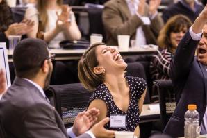 Kate Towson of Women's Empowerment reacts to winning the $10,000 Judges Award at SVP's Fast Pitch, an event that rewards nonprofits with a plan.