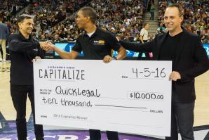 From left: Kings owner Vivek Ranadive, Derek Bluford and Velocity Capital General Partner Jack Crawford. Bluford’s business, Quicklegal, won the Sacramento Kings Capitalize competition in April. (Photography courtesy of John Jacobs) 