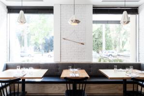 Schmitt Design's Aspect Pendants are installed at Hock Farm in downtown Sacramento. (Photo by Kat Alves)