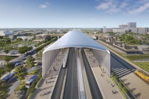 Rendering of the planned future Fresno High-Speed Rail Station. (By California High-Speed Rail Authority, public domain via Wikimedia Commons)