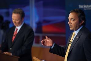 Newly elected Congressman Ami Bera, a Democrat (right), debates Republican opponent Dan Lungren, whom Bera ousted from California’s 3rd Congressional District seat in the November 2012 election.
