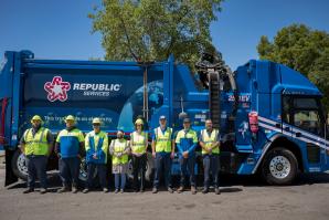 Pictured: Republic team members shown here with a modern Electric Automated Side Load truck: (L-R) Joaquin De Leon-Guerrero, William Whitehead, Carlos Orona, Chai Yang, Annah Rulon, Kevin Hoover, Eric Acosta, Gustavo Laguna