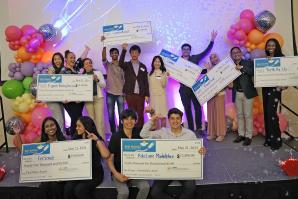 All the 2024 Big Bang! winners gather on stage with their award checks. The competition awarded over $100,000 in grants. (Photos courtesy of UC Davis)
